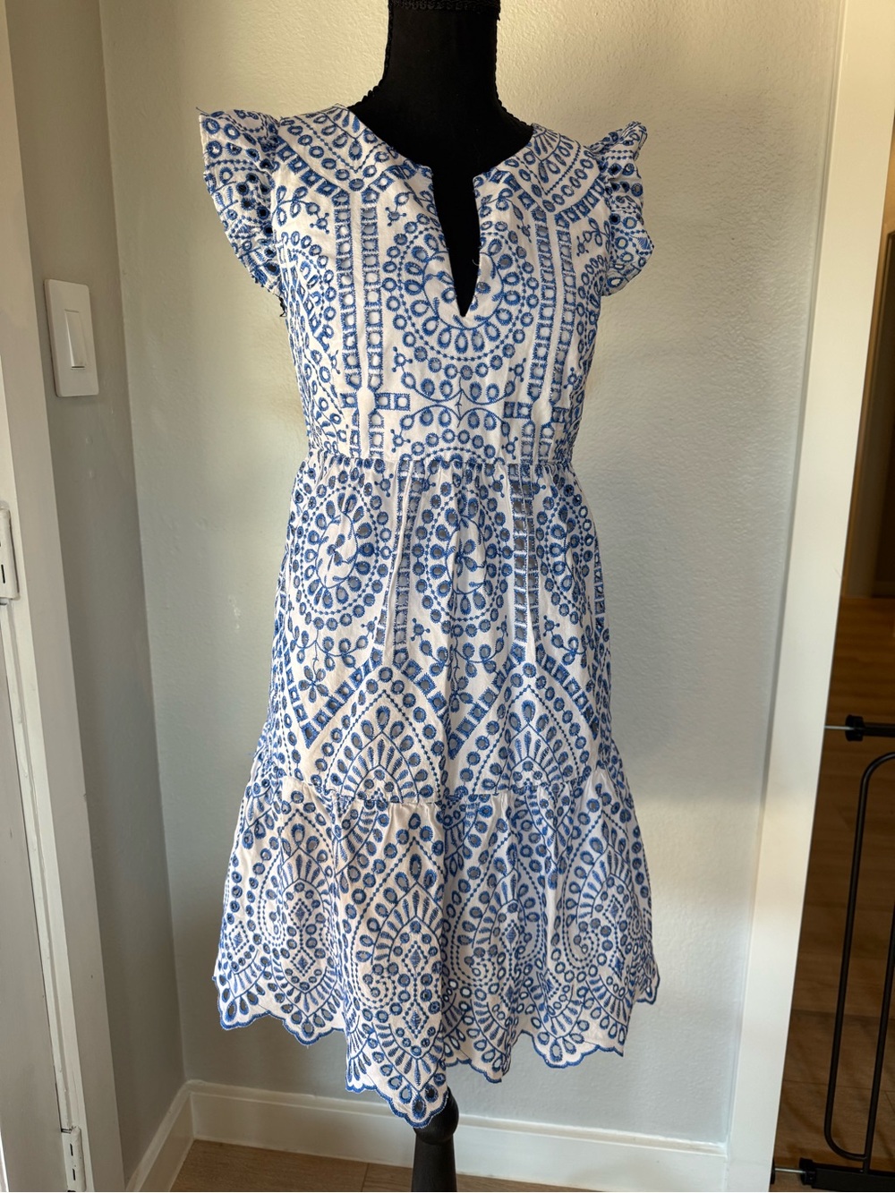 Lilly Pulitzer Blue and White Eyelet Embroidered Ruffle Tiered Dress Size 12